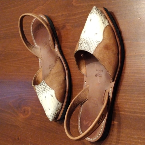 RIA Menorca Shoes - RIA Menorca Slingback Snakeskin Print Leather Sandals, Size (38) 7.5-8 US, Brown